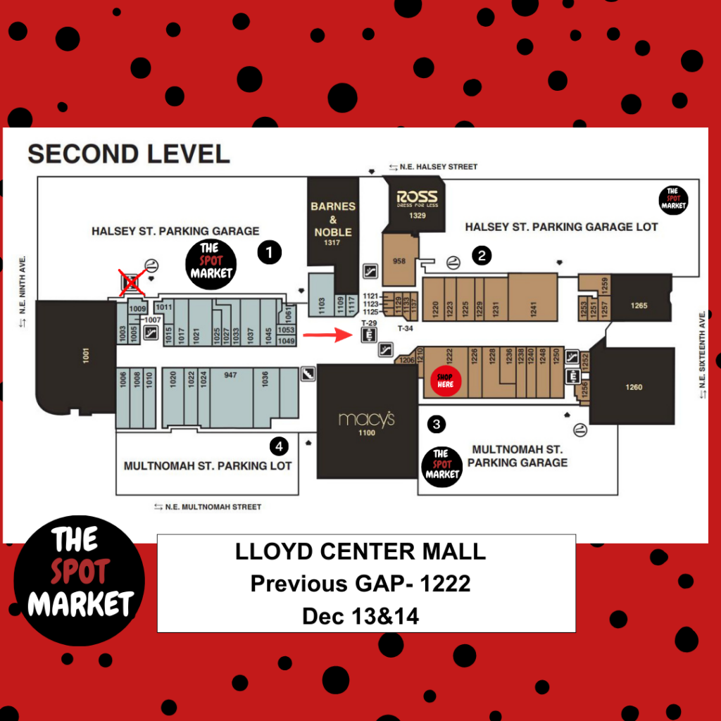 a colorful floor plan showing the Spot market in the old GAP store location next to Macy's in the Lloyd Center
