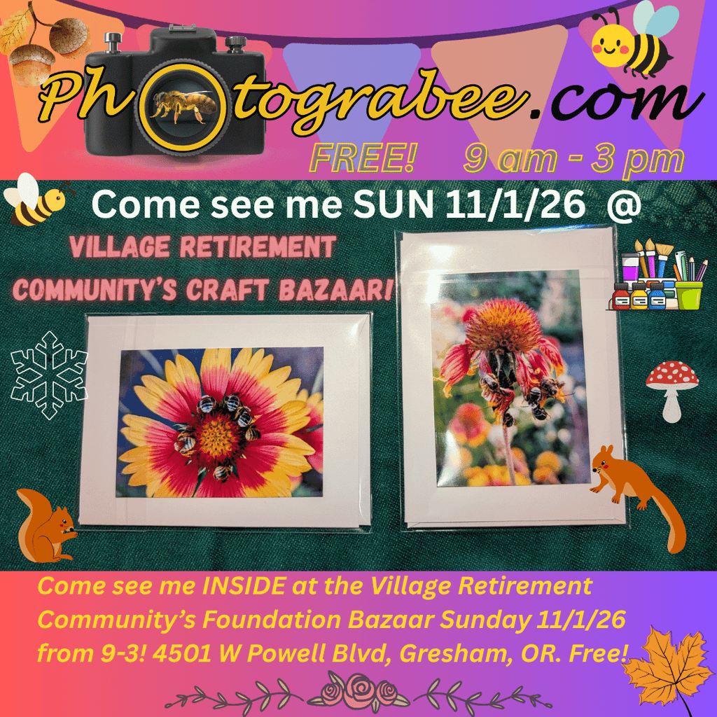 Colorful promo graphic for Photograbee.com. Come see me SUN 11/1/26 @ Village Retirement Community's Craft Bazaar! Free 9a.m. to 3 p.m.. Village Retirement Community 4501 W Powell Blvd, Gresham, OR.